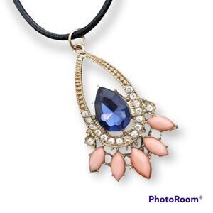 Art deco gem burst pendant necklace, waxed black cotton cord